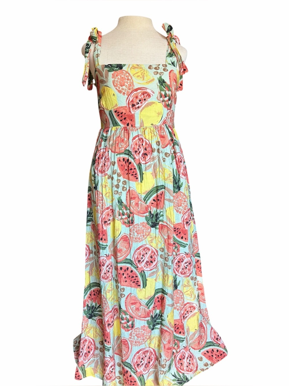 Cottagecore Tie-Shoulder Fruit Print Maxi Dress